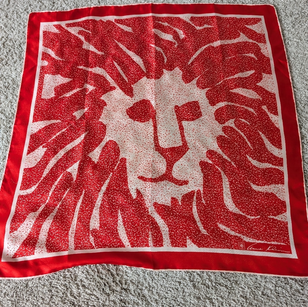 Vintage Anne Klein Classic Lion Face 100% Silk Scarf 26x26 Red